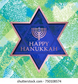 Happy Hanukkah greeting card templates on grunge texture background with star of David frame.