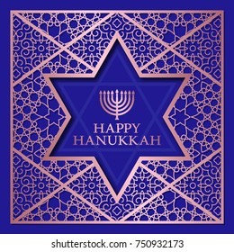 Happy Hanukkah greeting card templates on golden patterned background with star of David frame.