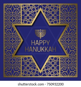 Happy Hanukkah greeting card templates on golden patterned background with star of David frame.