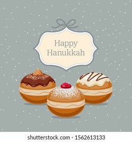 Happy Hanukkah greeting card with traditional sweet doughnuts and  greeting text label.