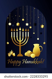Happy Hanukkah greeting card with traditional symbols Menorah, David stars, sufganiyah, dreidel. Golden elements on dark blue background. Flat style vector illustration