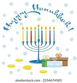 A Happy Hanukkah greeting card with a traditional candelabra, gifts and coins on a white background. 