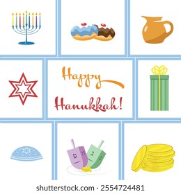 Happy Hanukkah greeting card with traditional elements of the Jewish holiday