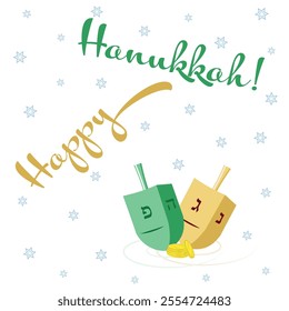 Happy Hanukkah greeting card with traditional colorful dreidels on a starry background.