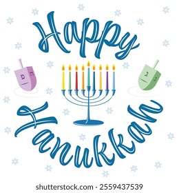 Happy Hanukkah greeting card with a traditional candelabra, colorful lit candles  and dreidels on a white background vector illustrator