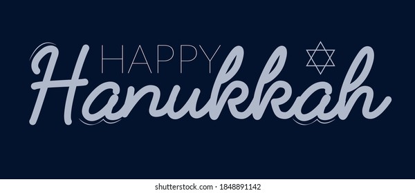 Happy Hanukkah greeting card. Typography design. Candlestick with nine candles. Vector illustration. Card with lettering text and Hanukkah menorah. Concept for shirt or logo, print, stamp, patch.