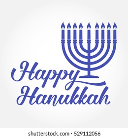 Happy Hanukkah greeting card. Typography design. Candlestick with nine candles. Vector illustration. Card with lettering text and Hanukkah menorah. Concept for shirt or logo, print, stamp, patch.