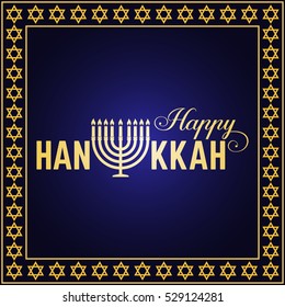 Happy Hanukkah greeting card. Typography design. Candlestick with nine candles. Vector illustration. Card with lettering text and Hanukkah menorah. Concept for shirt or logo, print, stamp, patch.