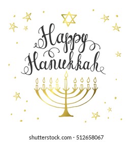 Happy Hanukkah greeting card. Vector hand drawn illustration with the words "Happy Hanukkah", David star and golden menorah, isolated on white background.