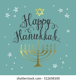 Happy Hanukkah greeting card. Vector hand drawn illustration with the words "Happy Hanukkah", David star and golden menorah, isolated on blue background.