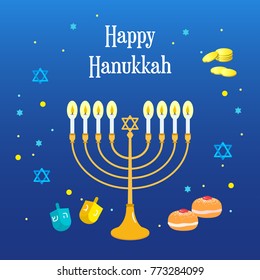 Happy Hanukkah greeting card vector illustration, Beautiful Menorah (traditional candelabra), Sufganiyot (Jelly Doughnuts), coins and toys.