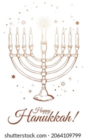 Happy Hanukkah greeting card. white and gold poster print. Vector vintage illustration.