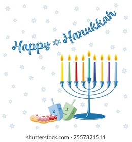 Happy Hanukkah greeting cards with colorful dreidels, jelly donuts and a 9 candle stick candelabra on a starry background vector illustration