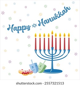 Happy Hanukkah greeting cards with colorful dreidels, jelly donuts and a 9 candle stick candelabra on a starry background vector illustration