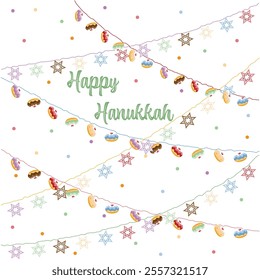 Happy Hanukkah greeting cards with colorful garlands of traditional jelly donuts and stars of David on a starry background vector illustration