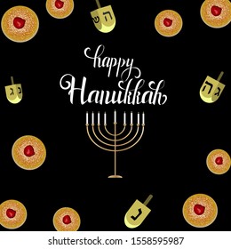 Happy Hanukkah greeting cards with handdrawn lettering, dreidel, donuts, menorah. Vector eps 10.