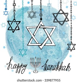 Happy Hanukkah Greeting card.Star of  David in Doodle style.Menora,watercolor blue circle splash,text.Hand drawing jewish decor.Vector background.Square Illustration