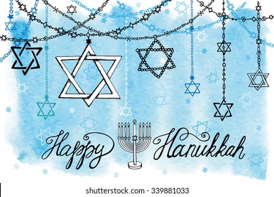 Happy Hanukkah Greeting card.Star of  David in Doodle style.Menora,watercolor blue splash,text.Hand drawing jewish decor,holiday garland.Vector background.Horizontal Illustration