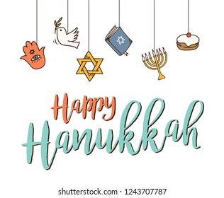 Happy Hanukkah greeting in doodle style