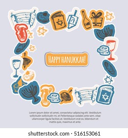 Happy Hanukkah greeting frame with hand drawn elements and lettering on gray background. Menorah, Dreidel, candle, hebrew star for your design