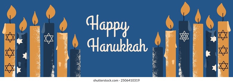 Happy Hanukkah greeting horizontal poster with traditional symbols of the holiday. Hand draw vector illustration