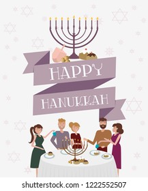 Happy Hanukkah greeting or invitation poster with group of people celebrating at the table. Editable vector illustration