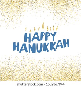 Happy Hanukkah greetings. Blue and gold typography on white background. Menorah symbol with golden lights. 