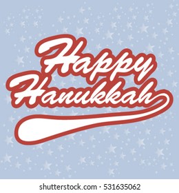Happy hanukkah greetings card with hand drawn lettering  on the blue background