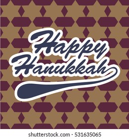 Happy hanukkah greetings card with hand drawn lettering on the red and yellow background