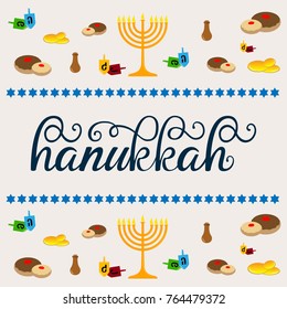 Happy Hanukkah hand draw vector lettering. Hanukkah typography illustration with elements.