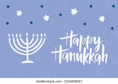 Happy Hanukkah hand drawn lettering typography with menorah. Jewish holiday. Festive poster design. Template for banner, greeting card, flyer. Vector illustration