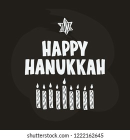 Happy Hanukkah hand drawn lettering typography. Jewish holiday. Festive poster design with candle and star of david. Template for banner, greeting card, invitation, flyer. Vector illustration