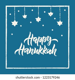 Happy Hanukkah hand drawn lettering typography. Jewish holiday. Festive poster design. Template for banner, greeting card, invitation, flyer. Vector illustration