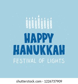 Happy Hanukkah hand drawn lettering typography. Jewish holiday. Festive poster design with candle. Template for banner, greeting card, invitation, flyer. Vector illustration on background
