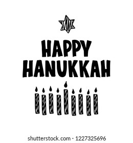 Happy Hanukkah hand drawn lettering with candle and star David. Jewish holiday. Celebration lettering typography poster. Template for banner, greeting card, invitation, flyer, web. Vector illustration