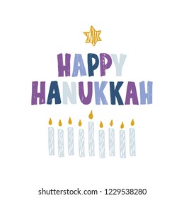 Happy Hanukkah hand drawn lettering with star David and candle on white background. Jewish holiday typography design. Vector illustration.