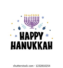 Happy Hanukkah hand drawn lettering with star David, dreidel, menorah candle on white background. Jewish holiday typography design. Vector illustration.