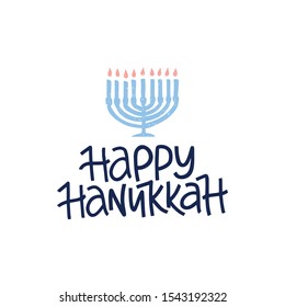 Happy Hanukkah hand drawn lettering celebration typography. Jewish holiday. Festive design with menorah. Template for banner, greeting card, invitation, flyer, poster. Vector illustration