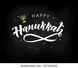 Happy Hanukkah hand drawn lettering with menorah, isolated on black.  Vector Illustration.