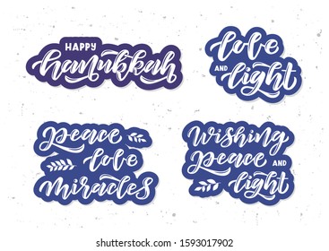 Happy Hanukkah hand drawn lettering set. Template banner, poster, flyer, greeting card, web design, print design. Vector illustration.