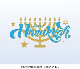 Happy Hanukkah hand drawn lettering with menorah, isolated on white.  Vector Illustration.