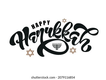 Happy Hanukkah hand drawn lettering with menorah. Vector Illustration.