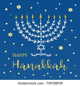 Happy Hanukkah. Hand drawn Menorah with lettering Happy Hanukkah and Stars of David. Judaic holiday decoration. Vector hand made illustration