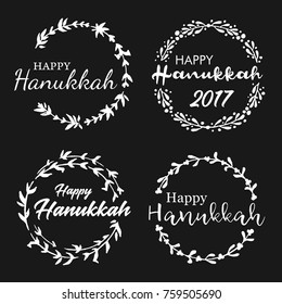 Happy Hanukkah. Hand drawn wreath set. Judaic holiday decoration on dark background. Decorative garlands with calligraphy Happy Hanukkah. Vector hand made illustration