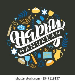 Happy Hanukkah hand lettering  calligraphy. Jewish holiday symbols (menorah, candles, donut, gift, dreidel, oil, coin, Jewish star), doodle style, colorful flat design on dark background. Vector EPS10