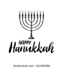 Happy Hanukkah hand lettering. Festive poster, greeting card template with Menorah illustration. Judaic religion symbol in vector.