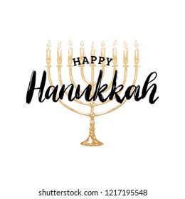 Happy Hanukkah hand lettering. Festive poster, greeting card template with Menorah illustration. Judaic religion symbol in vector.