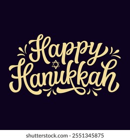 Fröhliche Hanukkah. Handschrift, goldener Text mit einem Stern von David einzeln auf schwarzem Hintergrund. Vektortypografie für Karten, Banner, Poster