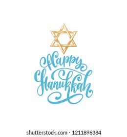 Happy Hanukkah, hand lettering. Star of David, drawn illustration. Judaic religion symbol in vector.