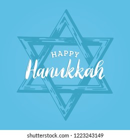 Happy Hanukkah, hand lettering. Star of David, drawn illustration. Judaic religion symbol in vector.